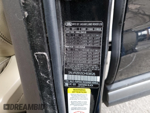 2013 Land Rover Range Rover Evoque Pure Premium with VIN SALVR2BG5DH838526, listed as a Copart auction lot 54393725 with 109,405 mi miles and Salvage title. Bid and sale history available at DreamBid. Image 13.