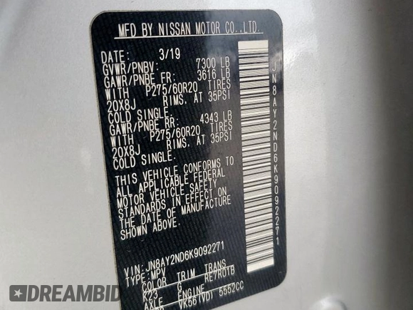 2019 Nissan Armada SL z VIN JN8AY2ND6K9092271, wystawiony jako Copart lot #53181405 z przebiegiem 139 739 mil mil oraz Szkoda całkowita • Salvage title. Historia ofert i sprzedaży dostępna na DreamBid. Obrazek 12.