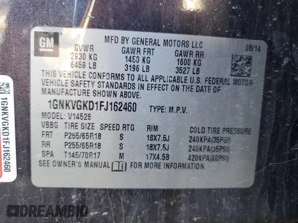 2015 Chevrolet Traverse LT with VIN 1GNKVGKD1FJ162460, listed as a Copart auction lot 53310955 with 149,865 mi miles and Clean Title. Bid and sale history available at DreamBid. Image 13.