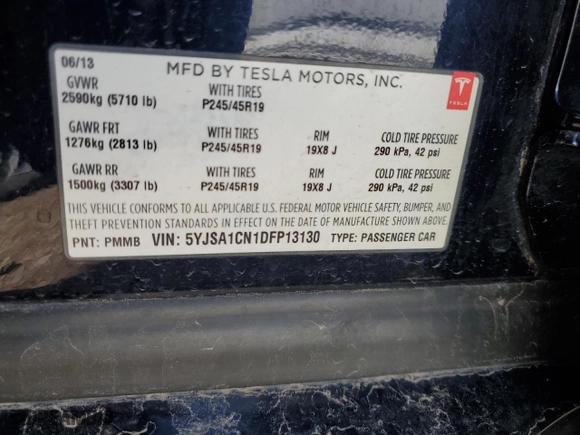 2013 Tesla Model S with VIN 5YJSA1CN1DFP13130, listed as a Copart auction lot 49703475 with 227,093 mi miles and Salvage Title. Bid and sale history available at carsss.com. Image 13.