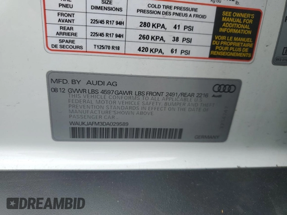 2013 Audi A3 Premium Plus z VIN WAUKJAFM3DA029589, wystawiony jako Copart lot #58029865 z przebiegiem 139 093 mil mil oraz Szkoda całkowita • Salvage title. Historia ofert i sprzedaży dostępna na DreamBid. Obrazek 13.