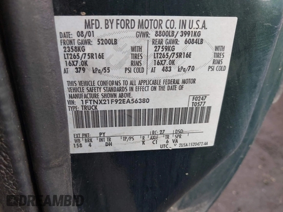 2002 Ford F-250 XL with VIN 1FTNX21F92EA56380, listed as a IAAI auction lot 41506948 with Not provided miles and . Bid and sale history available at DreamBid. Image 9.
