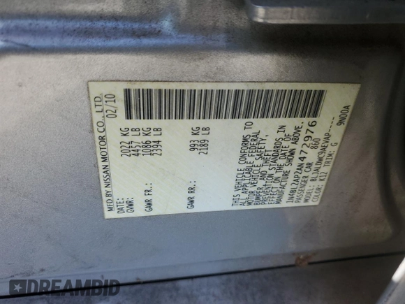 2010 Nissan Altima 3.5 SR with VIN 1N4BL2AP2AN472976, listed as a Copart auction lot 45806545 with 201,198 mi miles and Salvage Title. Bid and sale history available at carsss.com. Image 12.