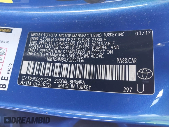 2018 Toyota C-HR XLE z VIN NMTKHMBXXJR007134, wystawiony jako IAAI lot #42004283 z przebiegiem 174 336 mil mil oraz . Historia ofert i sprzedaży dostępna na DreamBid. Obrazek 9.