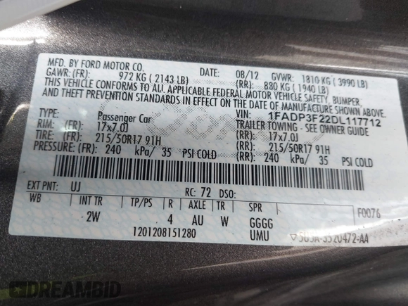 2013 Ford Focus SE with VIN 1FADP3F22DL117712, listed as a IAAI auction lot 42131439 with 124,327 mi miles. Bid and sale history available at carsss.com. Image 9.