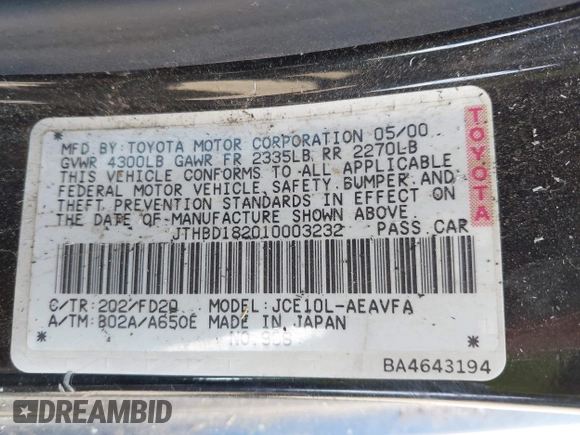 2001 Lexus IS 300/350 z VIN JTHBD182010003232, wystawiony jako IAAI lot #42269043 z przebiegiem 116 450 mil mil oraz . Historia ofert i sprzedaży dostępna na DreamBid. Obrazek 9.