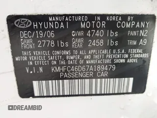 2007 Hyundai Azera GLS with VIN KMHFC46D67A189479, listed as a IAAI auction lot 42641536 with 127,281 mi miles and . Bid and sale history available at DreamBid. Image 9.