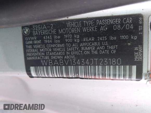 2004 BMW 3 Series 325Ci z VIN WBABV13434JT23180, wystawiony jako IAAI lot #42301399 z przebiegiem 133 763 mil mil oraz . Historia ofert i sprzedaży dostępna na DreamBid. Obrazek 9.