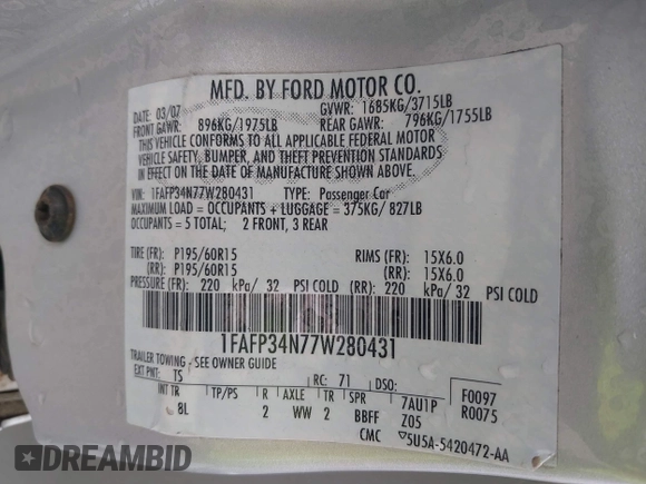 2007 Ford Focus S with VIN 1FAFP34N77W280431, listed as a IAAI auction lot 42120858 with 108,665 mi miles and . Bid and sale history available at carsss.com. Image 9.