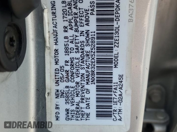 2005 Toyota Corolla CE with VIN 1NXBR32EX5Z528911, listed as a Copart auction lot 55145825 with 270,487 mi miles and Salvage Title. Bid and sale history available at DreamBid. Image 13.