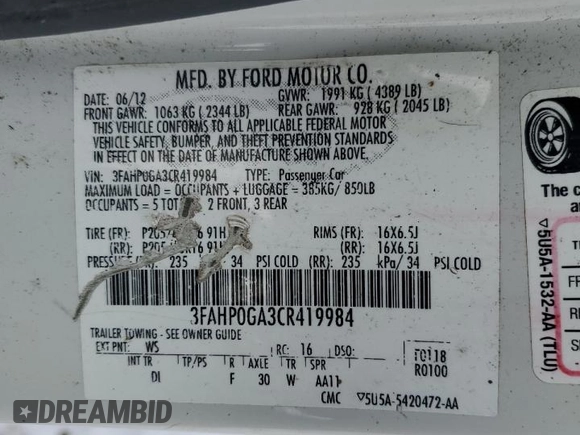 2012 Ford Fusion S with VIN 3FAHP0GA3CR419984, listed as a Copart auction lot 45005755 with 132,709 mi miles and Salvage Title. Bid and sale history available at carsss.com. Image 12.