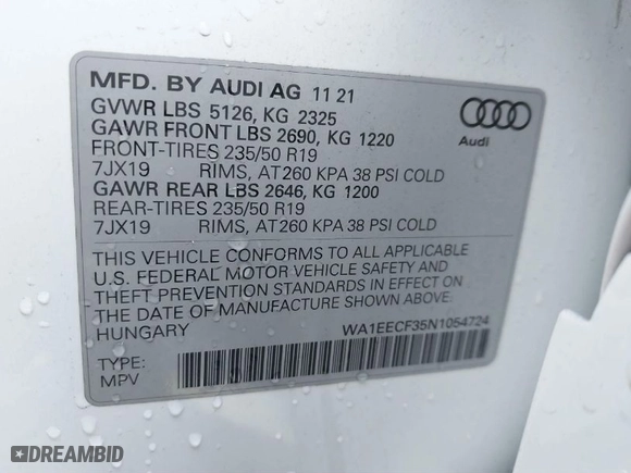 2022 Audi Q3 S line Premium Plus with VIN WA1EECF35N1054724, listed as a IAAI auction lot 41036470 with 13,838 mi miles. Bid and sale history available at carsss.com. Image 9.