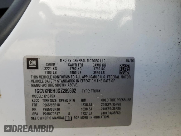 2016 Chevrolet Silverado 1500 LT with VIN 1GCVKREH0GZ289602, listed as a Copart auction lot 50891335 with 114,280 mi miles and Salvage Title. Bid and sale history available at DreamBid. Image 13.