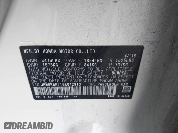 2016 Honda Fit EX with VIN JHMGK5H71GX042913, listed as a IAAI auction lot 42078814 with 94,824 mi miles and . Bid and sale history available at DreamBid. Image 9.