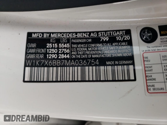 2021 Mercedes-Benz AMG GT 53 с VIN W1K7X6BB7MA036754, выставлен на аукционе Copart как лот 67720904 с пробегом Не указан миль и Списание • Salvage title. История ставок и продаж доступна на DreamBid. Изображение 15.