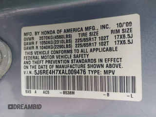 2010 Honda CR-V EX-L with VIN 5J6RE4H7XAL009476, listed as a IAAI auction lot 42662314 with 302,017 mi miles and . Bid and sale history available at DreamBid. Image 9.