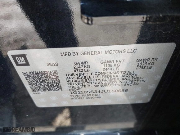 2018 Chevrolet Impala LT with VIN 1G1105S34JU150656, listed as a IAAI auction lot 41977956 with 95,743 mi miles. Bid and sale history available at carsss.com. Image 9.