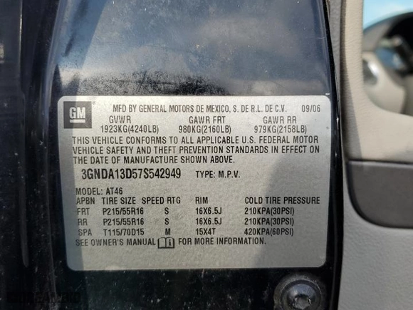 2007 Chevrolet HHR LS with VIN 3GNDA13D57S542949, listed as a Copart auction lot 46620155 with 271133 miles and Salvage Title. Bid and sale history available at carsss.com. Image 13.