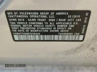 2015 Volkswagen Passat Wolfsburg Edition with VIN 1VWAT7A38FC076440, listed as a Copart auction lot 63204385 with 86,831 mi miles and Salvage title. Bid and sale history available at DreamBid. Image 12.