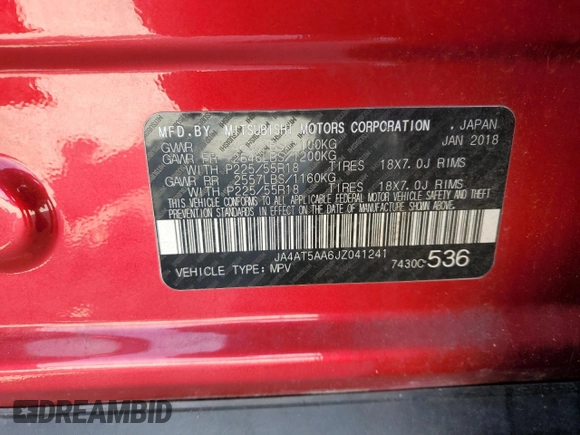 2018 Mitsubishi Eclipse Cross SE z VIN JA4AT5AA6JZ041241, wystawiony jako Copart lot #58379505 z przebiegiem 87 099 mil mil oraz Szkoda całkowita • Salvage title. Historia ofert i sprzedaży dostępna na DreamBid. Obrazek 13.