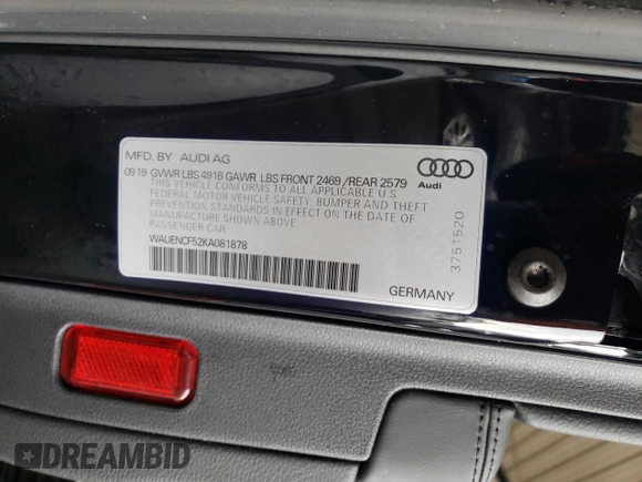 2019 Audi A5 Sportback Premium Plus with VIN WAUENCF52KA081878, listed as a Copart auction lot 39120263 with 36,251 mi miles. Bid and sale history available at carsss.com. Image 12.