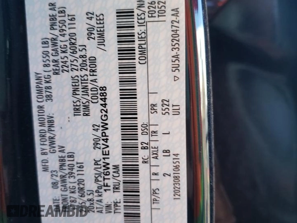 2023 Ford F-150 Lightning Pro with VIN 1FT6W1EV4PWG24488, listed as a Copart auction lot 51523945 with Not provided miles and Salvage title. Bid and sale history available at DreamBid. Image 12.