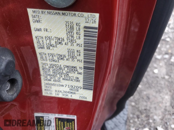 2017 Nissan Frontier SV with VIN 1N6DD0CU3HN719209, listed as a Copart auction lot 85521784 with 116,949 mi miles and Salvage title. Bid and sale history available at DreamBid. Image 14.