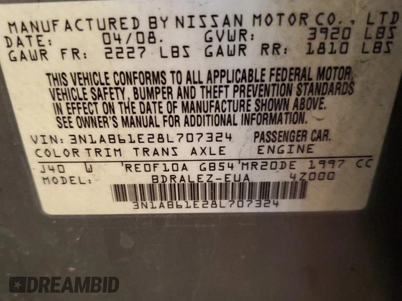 2008 Nissan Sentra S with VIN 3N1AB61E28L707324, listed as a Copart auction lot 44082805 with 198,283 mi miles and Clean Title. Bid and sale history available at DreamBid. Image 12.