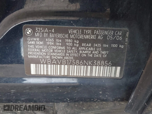 2006 BMW 3 Series 325i z VIN WBAVB17586NK38856, wystawiony jako IAAI lot #42457750 z przebiegiem 191 068 mil mil oraz . Historia ofert i sprzedaży dostępna na DreamBid. Obrazek 9.