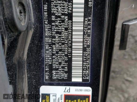 2017 Toyota Camry XLE with VIN 4T1BF1FK3HU393000, listed as a Copart auction lot 54147125 with 96,662 mi miles and Salvage Title. Bid and sale history available at DreamBid. Image 12.