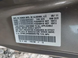 2011 Honda Odyssey Touring с VIN 5FNRL5H98BB095796, выставлен на аукционе IAAI как лот 42094695 с пробегом 158 410 миль миль и . История ставок и продаж доступна на DreamBid. Изображение 9.