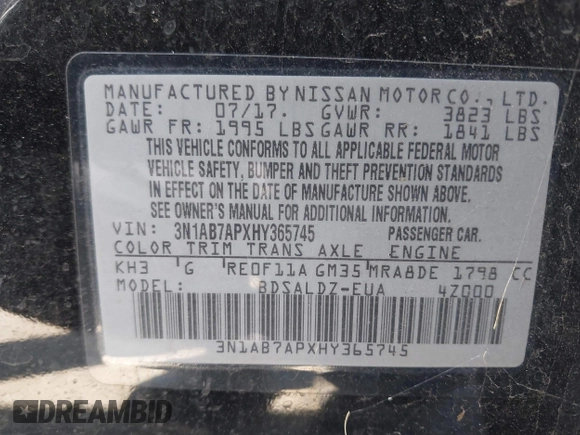 2017 Nissan Sentra SV with VIN 3N1AB7APXHY365745, listed as a IAAI auction lot 42180756 with 193,117 mi miles and . Bid and sale history available at DreamBid. Image 9.