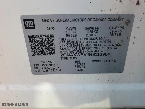 2022 Chevrolet Equinox RS with VIN 2GNAXWEV4N6113964, listed as a Copart auction lot 70246884 with 0 mi miles and Salvage Title. Bid and sale history available at carsss.com. Image 12.