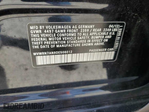 2013 Volkswagen CC Lux with VIN WVWRN7AN9DE506012, listed as a Copart auction lot 68066574 with 125,787 mi miles and Salvage Title. Bid and sale history available at carsss.com. Image 13.