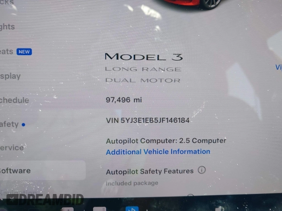 2018 Tesla Model 3 Long Range Battery with VIN 5YJ3E1EB5JF146184, listed as a IAAI auction lot 41808346 with 97,496 mi miles and . Bid and sale history available at DreamBid. Image 7.