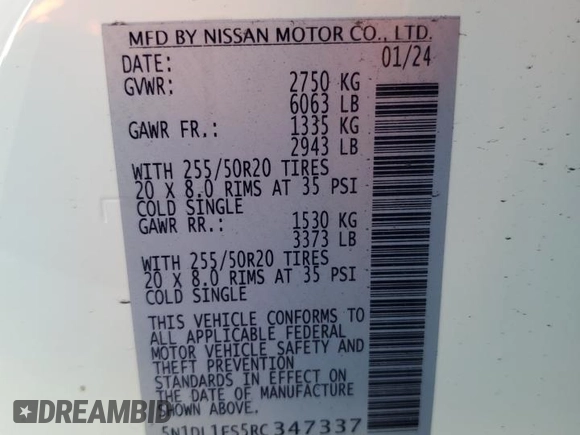 2024 Infiniti QX60 Luxe с VIN 5N1DL1FS5RC347337, выставлен на аукционе Copart как лот 43068905 с пробегом 6 250 миль миль и Списание • Salvage title. История ставок и продаж доступна на DreamBid. Изображение 13.