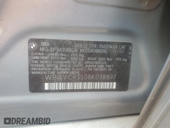 2008 BMW 3 Series 328xi z VIN WBAVC93508K038897, wystawiony jako Copart lot #56096765 z przebiegiem 155 089 mil mil oraz Szkoda całkowita • Salvage title. Historia ofert i sprzedaży dostępna na DreamBid. Obrazek 12.
