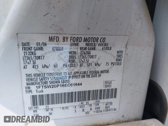 2006 Ford F-250 XL с VIN 1FTSW20P16EC61844, выставлен на аукционе IAAI как лот 42520825 с пробегом 285 692 миль миль и . История ставок и продаж доступна на DreamBid. Изображение 9.