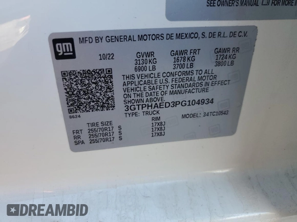 2023 GMC Sierra 1500 with VIN 3GTPHAED3PG104934, listed as a Copart auction lot 85552124 with 15,240 mi miles and Clean Title. Bid and sale history available at DreamBid. Image 12.