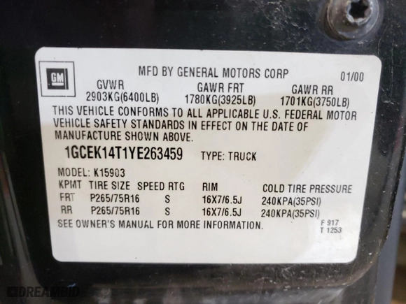2000 Chevrolet Silverado 1500 LS with VIN 1GCEK14T1YE263459, listed as a Copart auction lot 48851852 with 146,246 mi miles and Salvage Title. Bid and sale history available at carsss.com. Image 10.