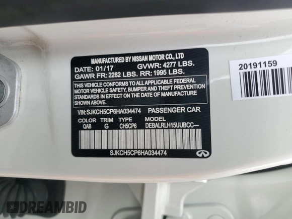 2017 Infiniti QX30 Sport with VIN SJKCH5CP6HA034474, listed as a Copart auction lot 44592985 with 80,729 mi miles and Salvage title. Bid and sale history available at DreamBid. Image 16.