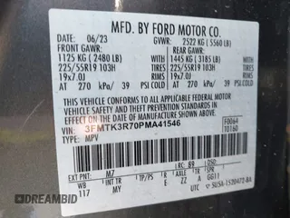 2023 Ford Mustang Mach-E Premium with VIN 3FMTK3R70PMA41546, listed as a IAAI auction lot 41968631 with 13,716 mi miles and . Bid and sale history available at DreamBid. Image 9.