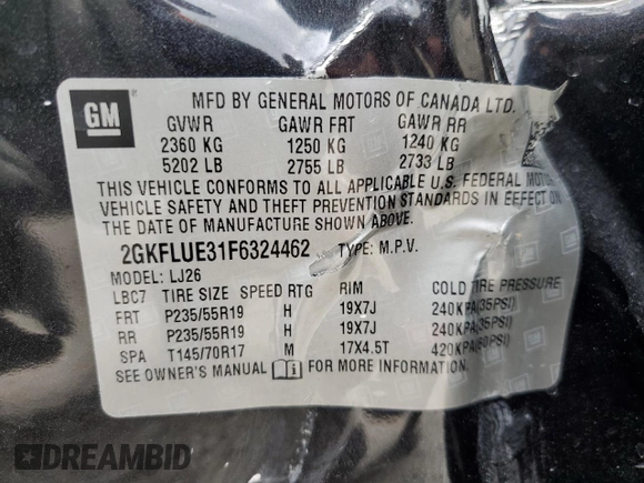2015 GMC Terrain Denali with VIN 2GKFLUE31F6324462, listed as a Copart auction lot 55134815 with 38,955 mi miles and Salvage Title. Bid and sale history available at DreamBid. Image 13.