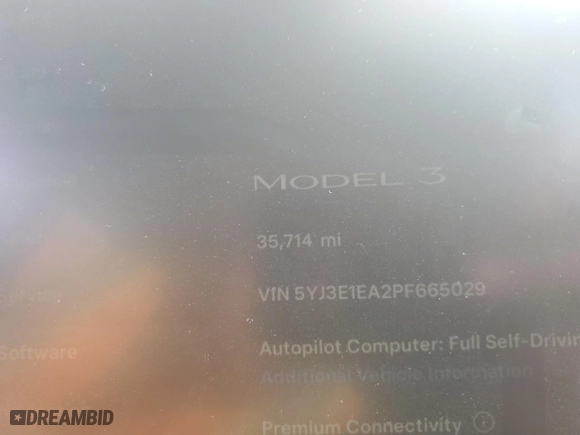 2023 Tesla Model 3 with VIN 5YJ3E1EA2PF665029, listed as a Copart auction lot 49822915 with 35,714 mi miles and Salvage Title. Bid and sale history available at carsss.com. Image 9.