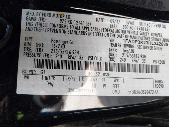 2017 Ford Focus SE with VIN 1FADP3K23HL342085, listed as a IAAI auction lot 41820615 with 1 mi miles. Bid and sale history available at carsss.com. Image 9.