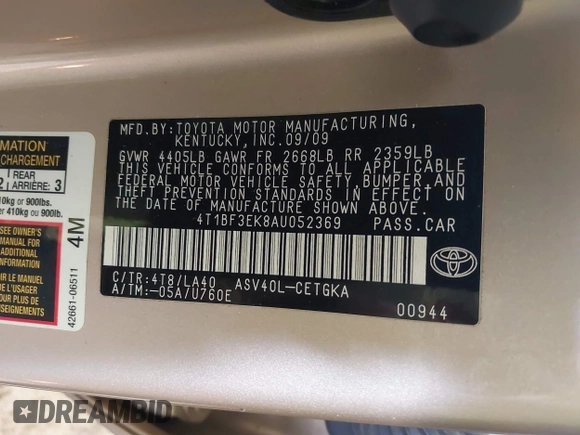 2010 Toyota Camry with VIN 4T1BF3EK8AU052369, listed as a IAAI auction lot 41824048 with 88,022 mi miles and . Bid and sale history available at DreamBid. Image 9.