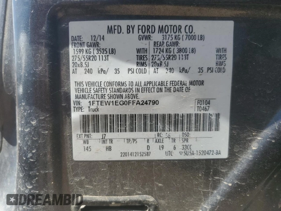 2015 Ford F-150 XLT z VIN 1FTEW1EG0FFA24790, wystawiony jako Copart lot #62219435 z przebiegiem 169 624 mil mil oraz Szkoda całkowita • Salvage title. Historia ofert i sprzedaży dostępna na DreamBid. Obrazek 12.