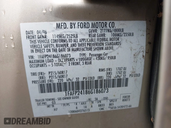 2006 Ford Five Hundred SEL with VIN 1FAFP24186G186073, listed as a IAAI auction lot 42156007 with 283,655 mi miles. Bid and sale history available at carsss.com. Image 9.