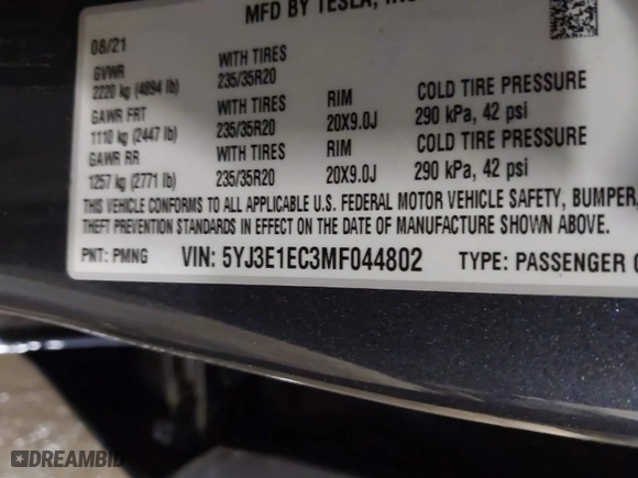 2021 Tesla Model 3 Performance with VIN 5YJ3E1EC3MF044802, listed as a IAAI auction lot 41891096 with 56,001 mi miles. Bid and sale history available at carsss.com. Image 9.