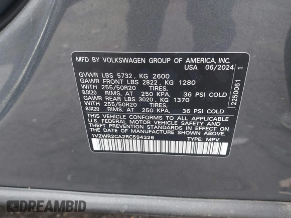 2024 Volkswagen Atlas SE z VIN 1V2WR2CA2RC594326, wystawiony jako IAAI lot #41471154 z przebiegiem 1 610 mil mil oraz . Historia ofert i sprzedaży dostępna na DreamBid. Obrazek 9.